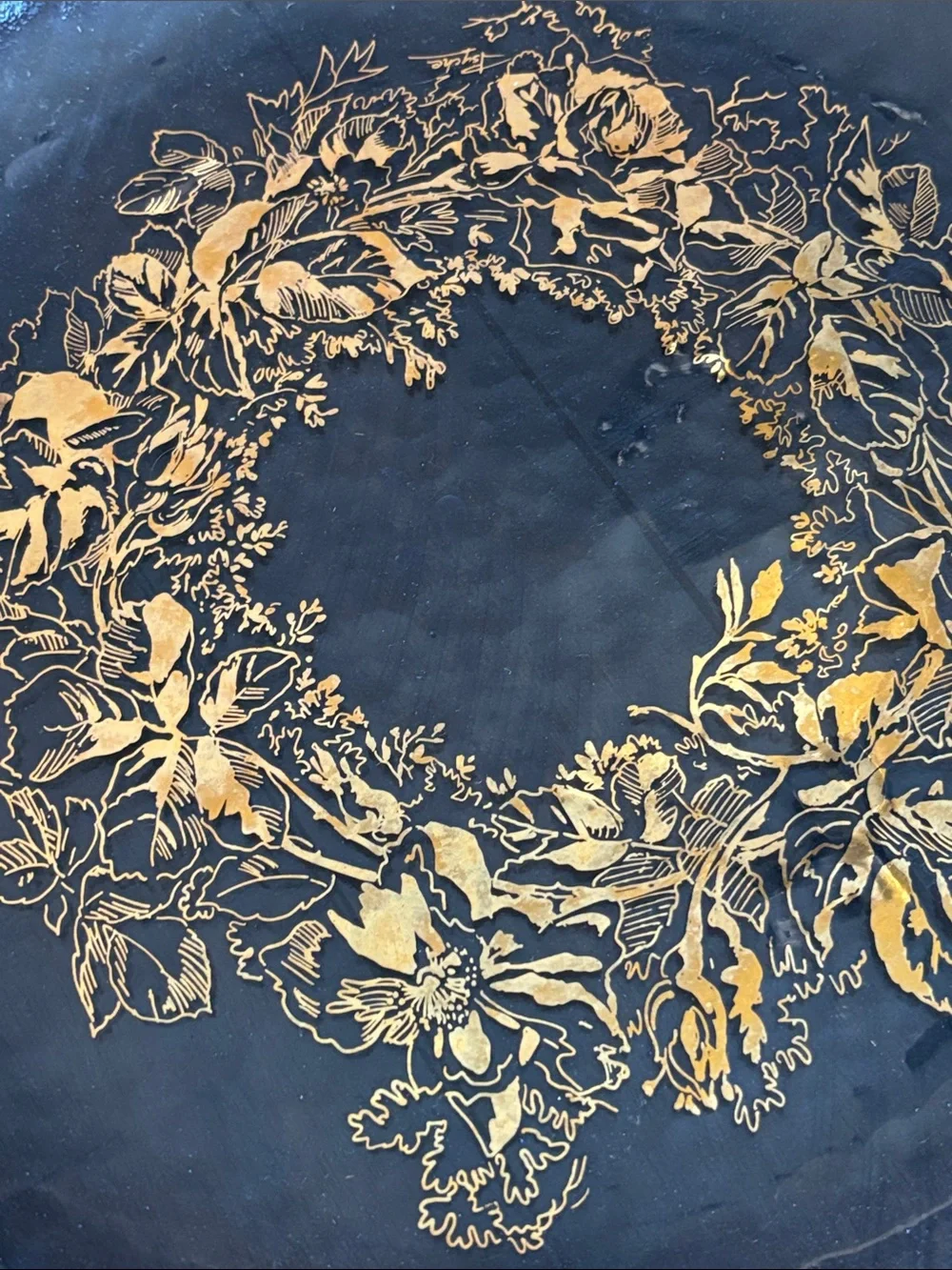 Vintage Cobalt Blue Glass Decorative Plate with Gold Floral Wreath